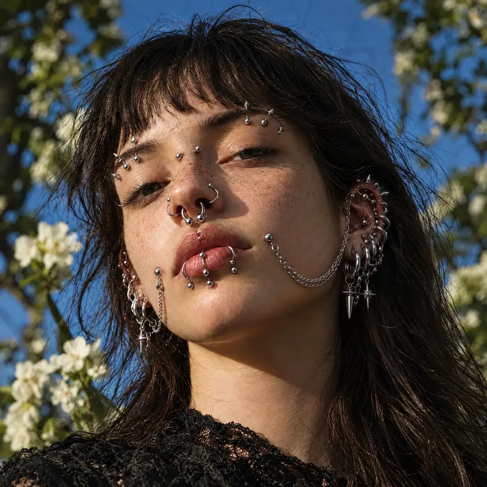 After the AI piercing filter: septum, brow spikes, lip rings, cheek studs and a fully stacked ear with chains