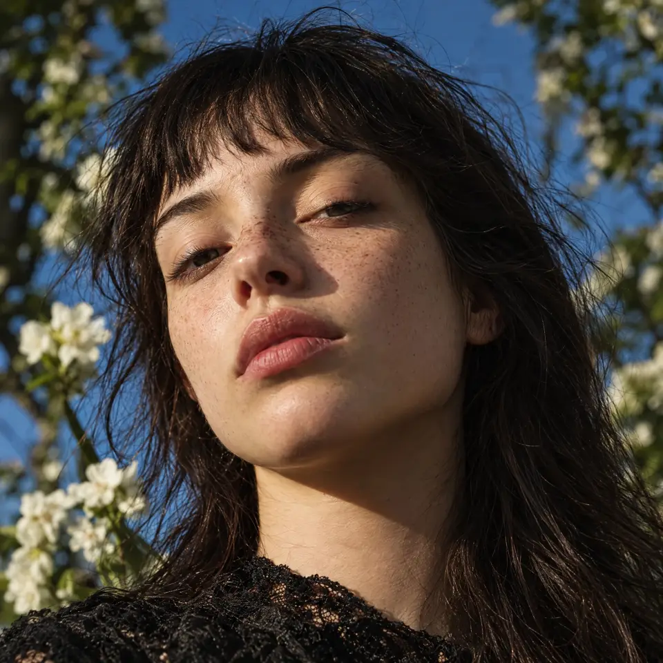 Before: a young woman with dark bangs and freckles, no piercings