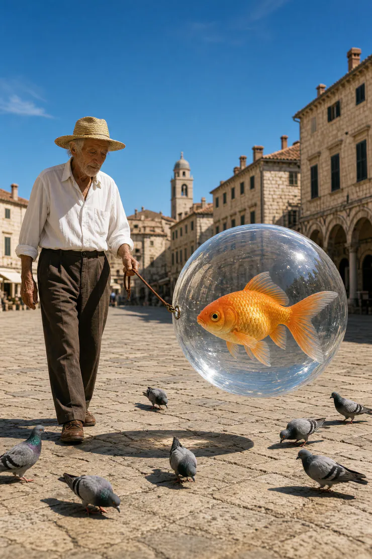 Old man walking a giant goldfish in a water bubble across a town square