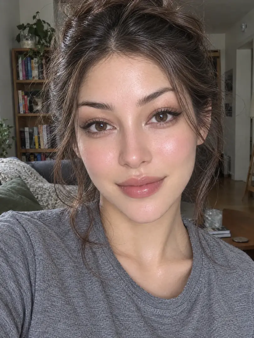 After the AI beauty filter: the same woman with glowing glass skin, a slimmer face and defined lashes