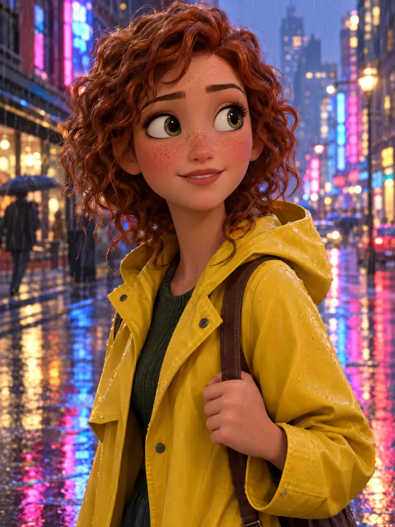 Before: a 3D cartoon character, a young woman with curly red hair in a yellow raincoat on a rainy neon street