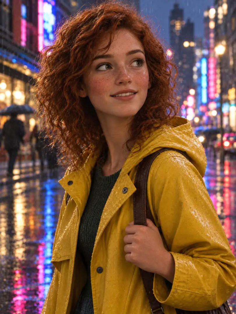 After: the same character as a real woman in a live-action movie still, real skin, wet curly hair and a yellow raincoat