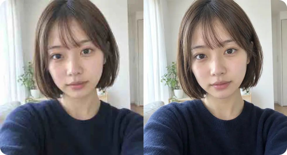 Overchat AIで高画質化する前と後の日本人女性の自撮り写真