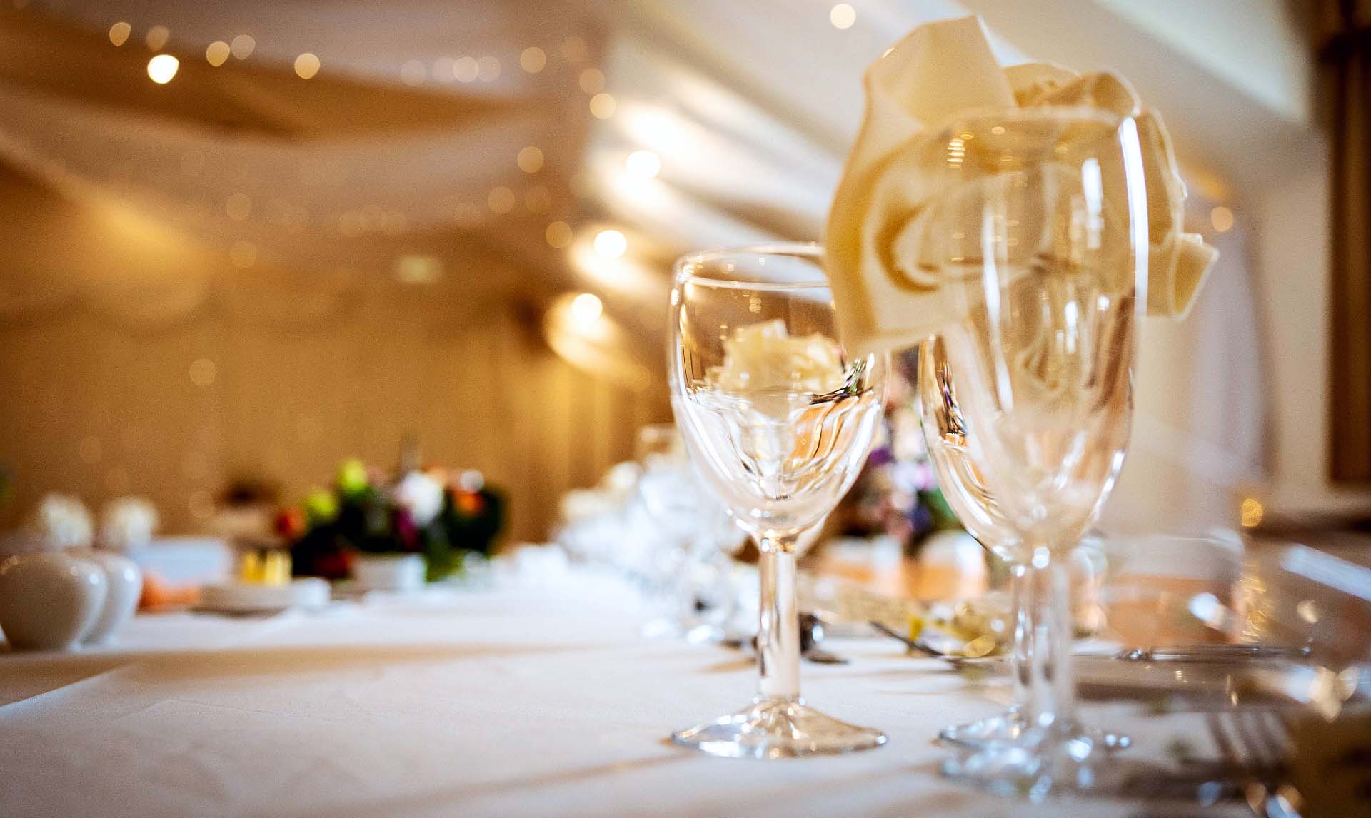 Table set, with glasses, for an event at Garstang Country Hotel