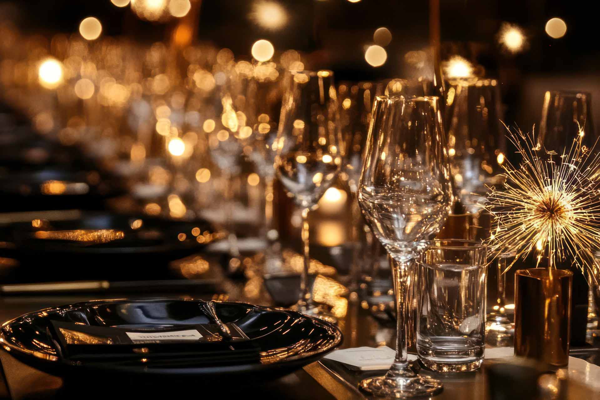 Table laid with glasses and sparkler for New Years Eve 