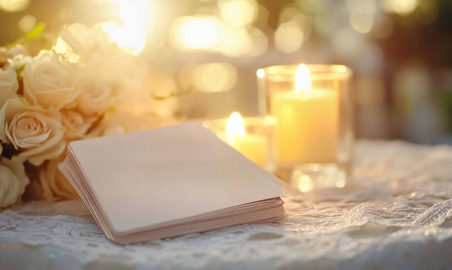 Yellow glowing backdrop with white roses, a white candle, and sheets of paper 