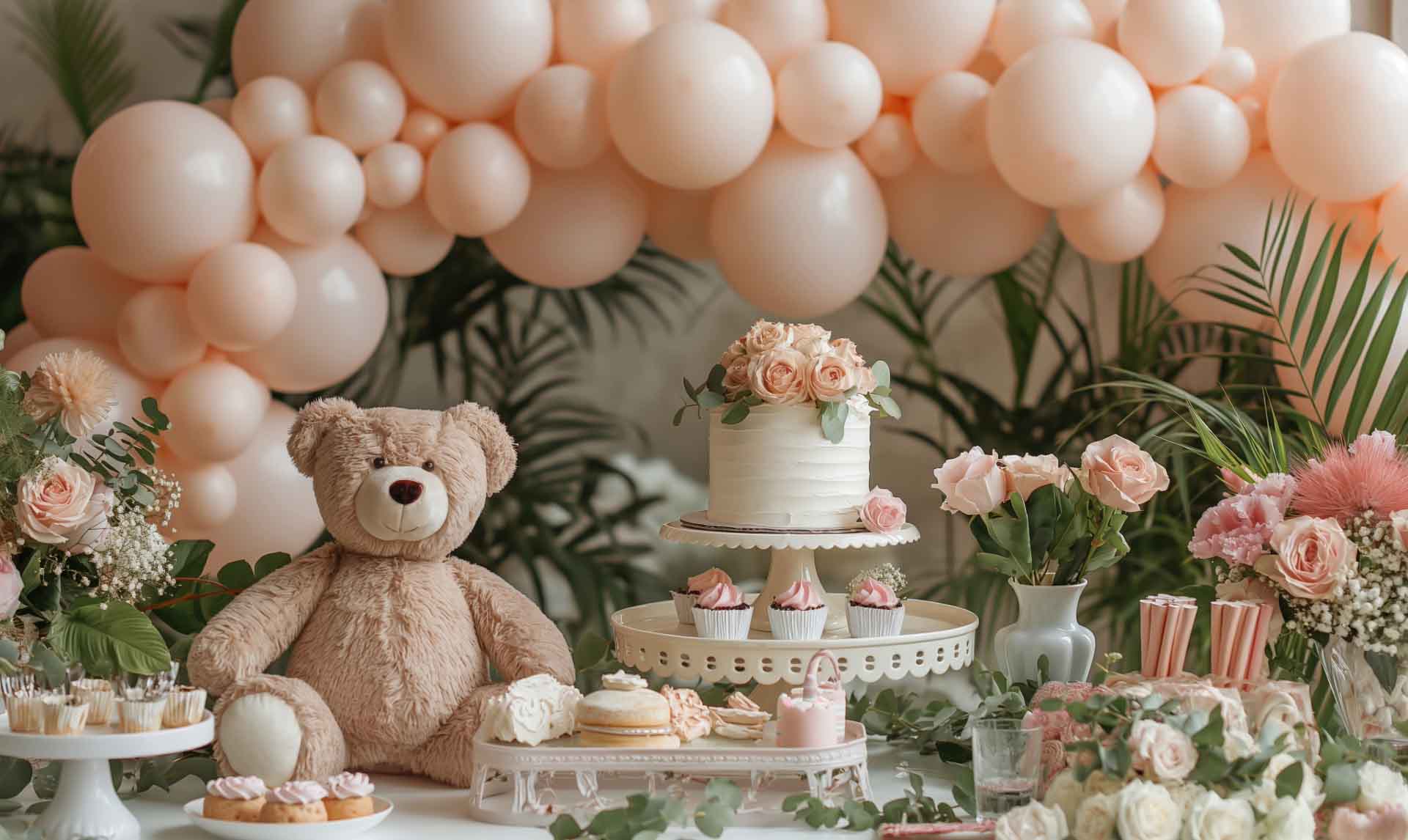 Table of peach cakes and roses, with a brown teddy bear, backdropped by a balloon arch and plants
