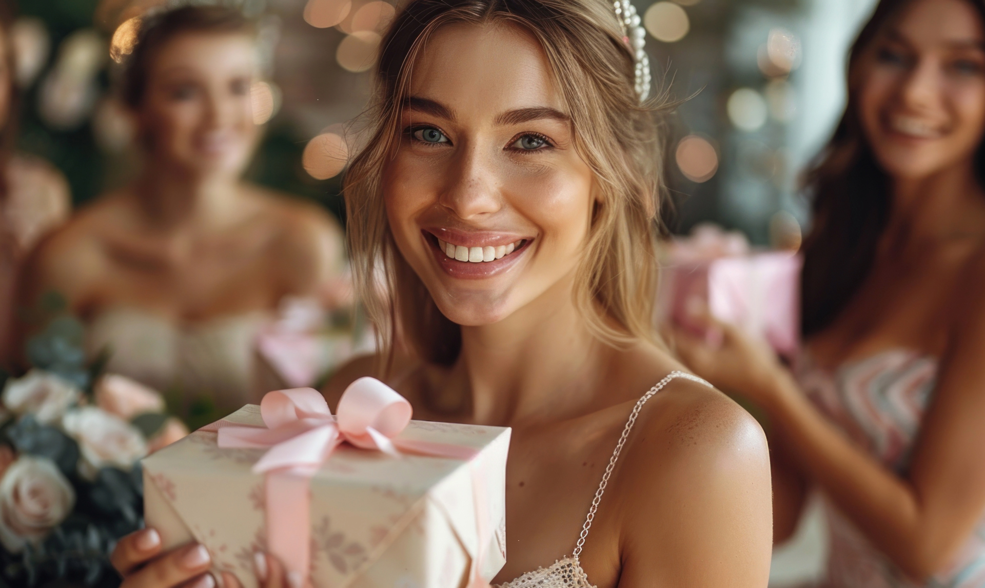 Blond smiling woman with hair up wearing a headband holding a gift with other women in the back