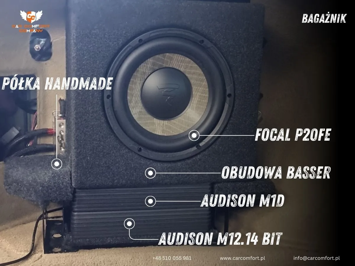 System car audio z customową półką, subwooferem Focal P20FE, wzmacniaczami Audison i obudową Basser – estetyczna i funkcjonalna zabudowa bagażnika