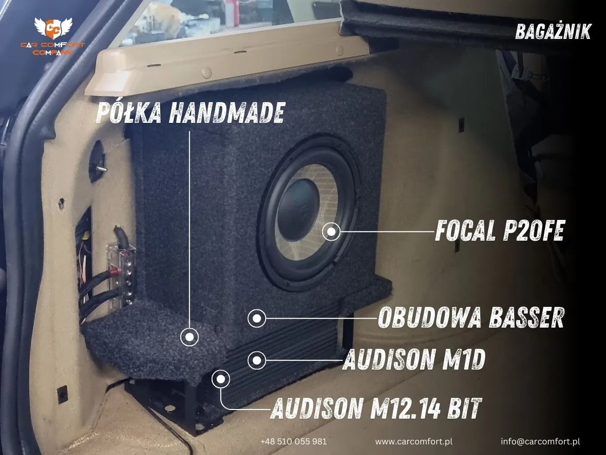 Zabudowa audio z subwooferem Focal P20FE w obudowie Basser, wzmacniacze Audison M12.14 Bit i M1D oraz ręcznie wykonana półka