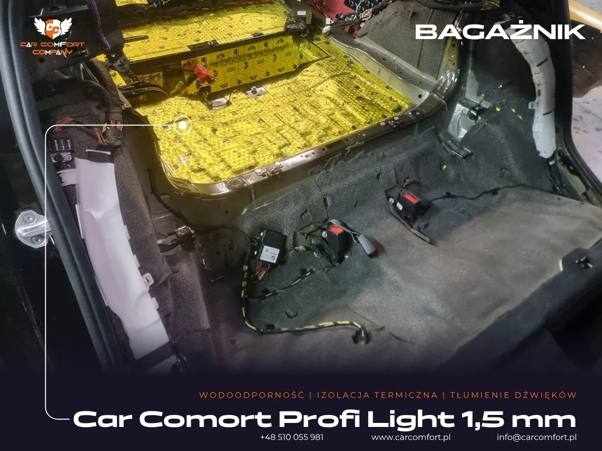 Wyciszanie bagażnika w BMW M3 G81 – aplikacja pierwszej warstwy maty Car Comfort Profi 1,5 mm