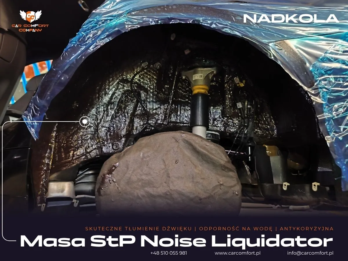 Aplikacja masy tłumiącej StP Noise Liquidator jako drugiej warstwy na metalowe nadkola w BMW M3 G81