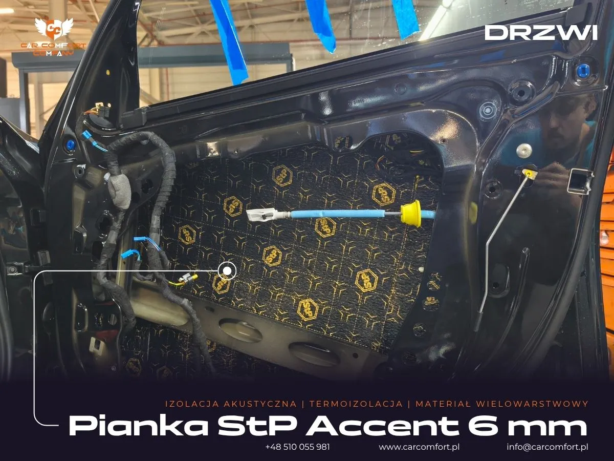 Druga warstwa wygłuszenia drzwi BMW M3 G81 – montaż pianki StP Accent 6 mm