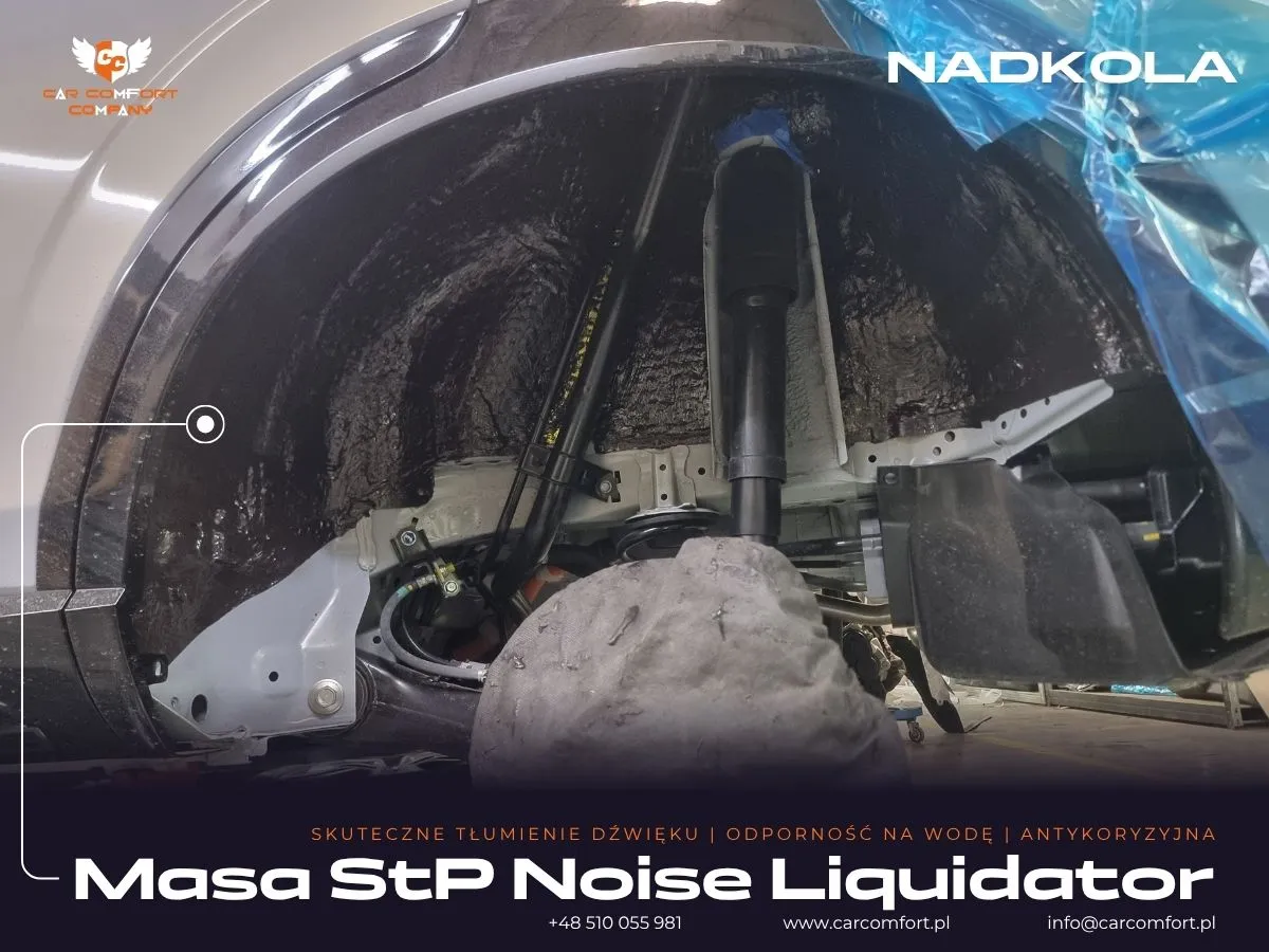 Druga warstwa wygłuszenia metalowego nadkola Honda HRV – naniesienie masy tłumiącej StP Noise Liquidator.