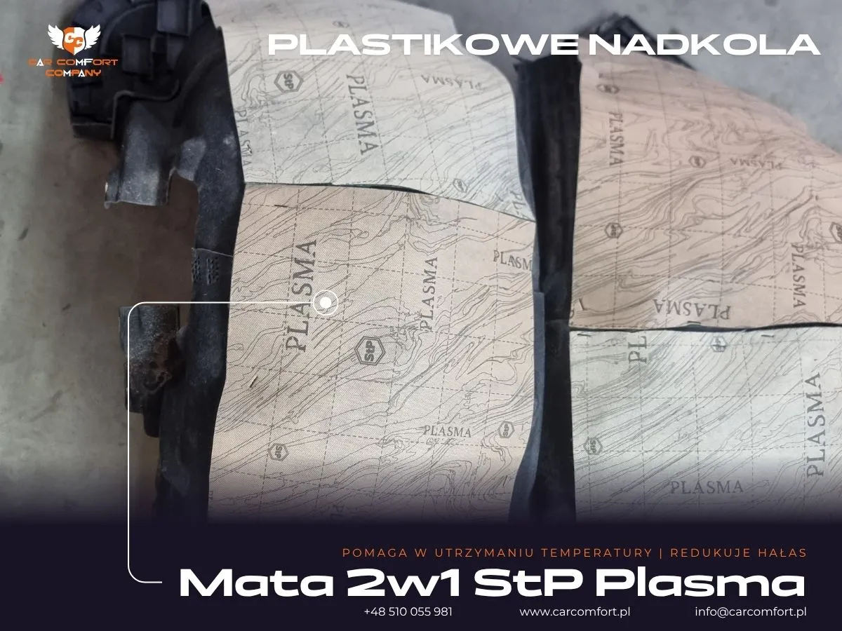 Montaż maty 2w1 StP Plasma na plastikowej osłonie nadkola w Audi Q8 dla optymalnego wygłuszenia.