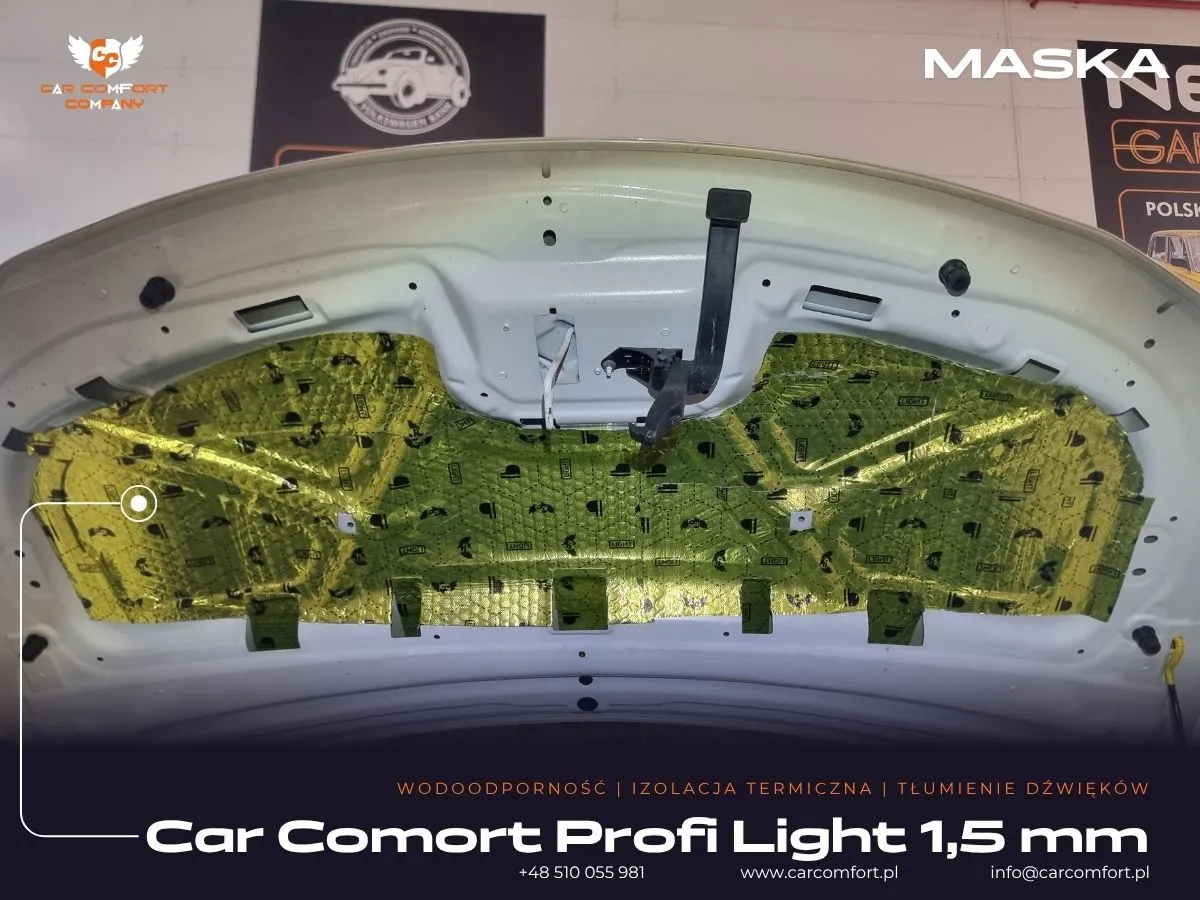 Wyciszenie maski silnika w Peugeot 5008 – aplikacja maty Car Comfort Profi 1,5 mm od wewnętrznej strony.