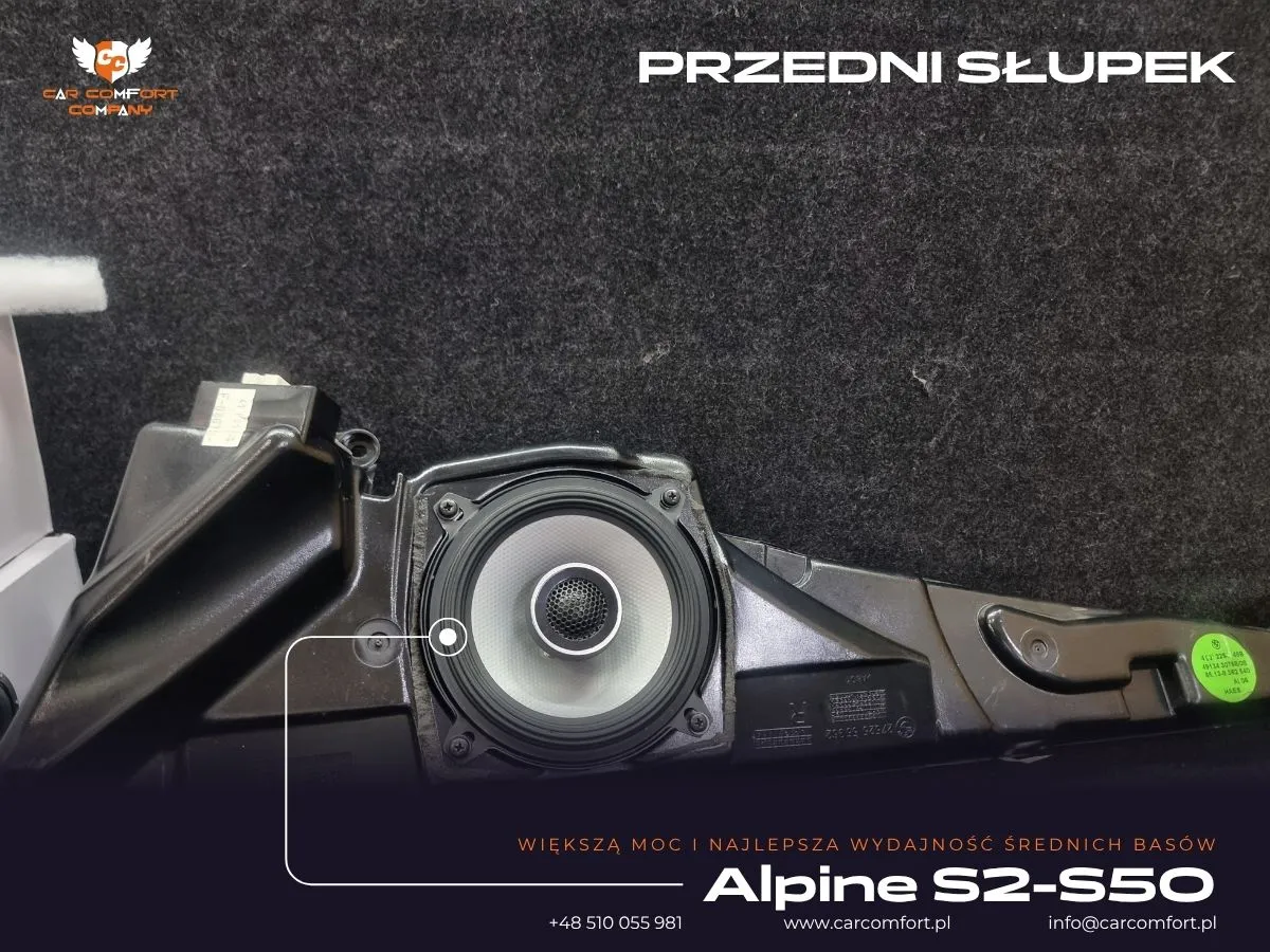 Głośnik wysokotonowy Alpine S2-S50 zamontowany w przednim słupku BMW 5 E39.