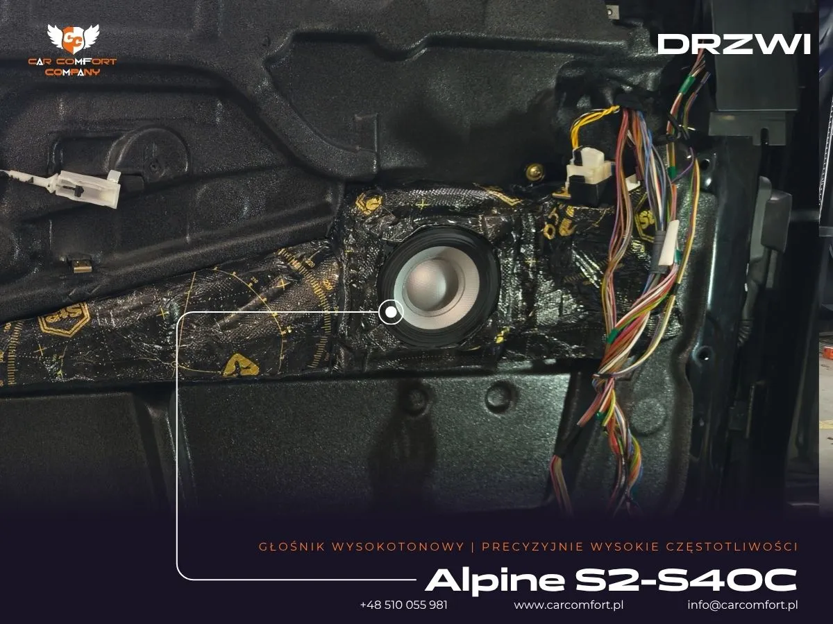 Głośnik Alpine S2-S40C zamontowany w drzwiach BMW 5 E39 podczas modernizacji audio.