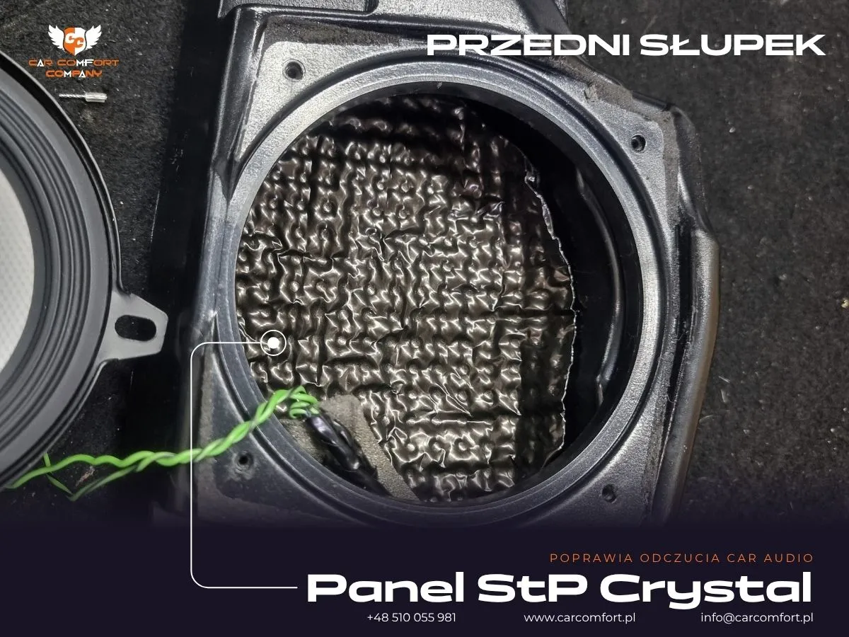 Montaż soczewki akustycznej StP Crystal w otworze głośnikowym drzwi BMW 5 E39.