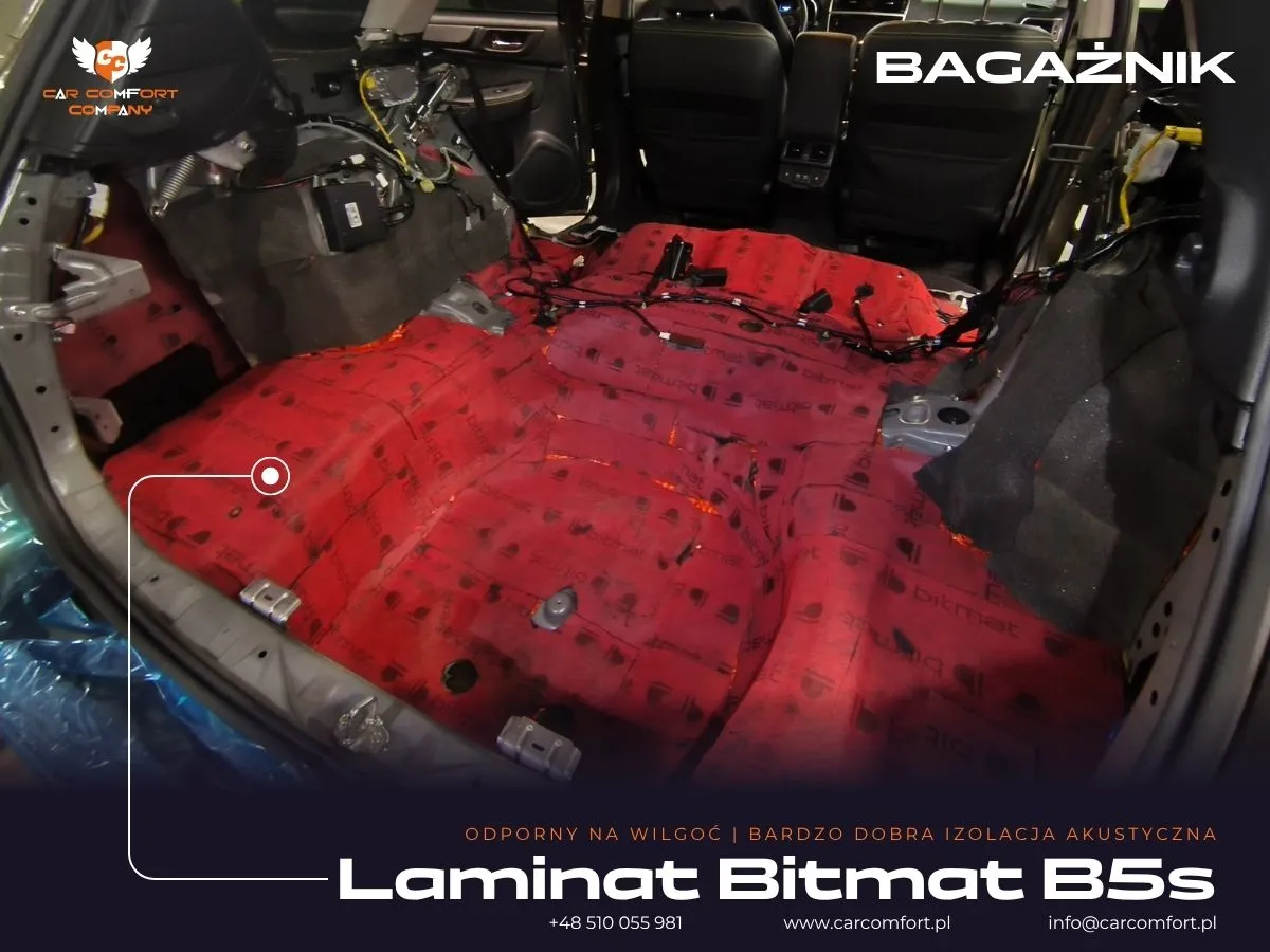  Druga warstwa wygłuszenia bagażnika w Subaru Outback pianką Bitmat B5s.