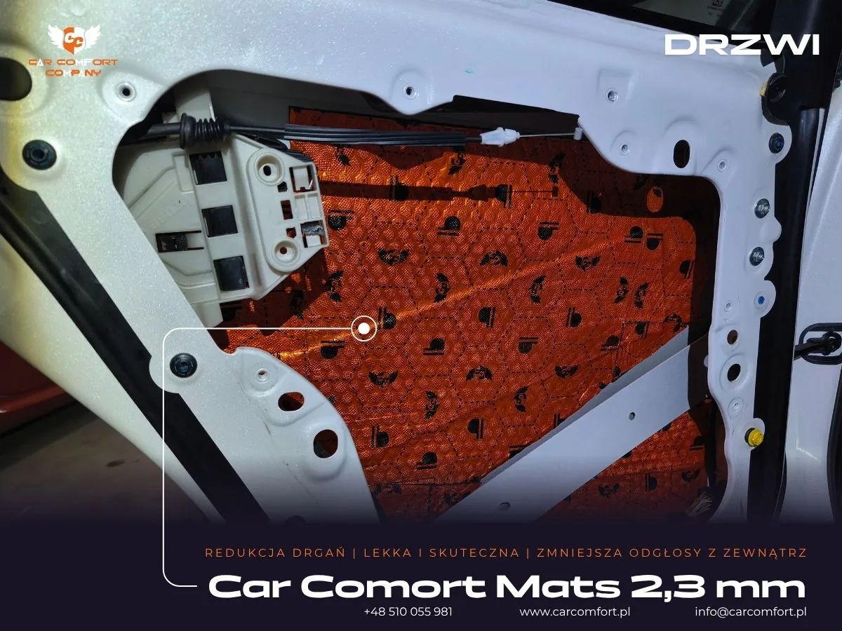 Pierwsza warstwa wyciszenia drzwi Alfy Romeo Giulia – aplikacja maty Car Comfort Mats 2,3 mm na wewnętrzną blachę.
