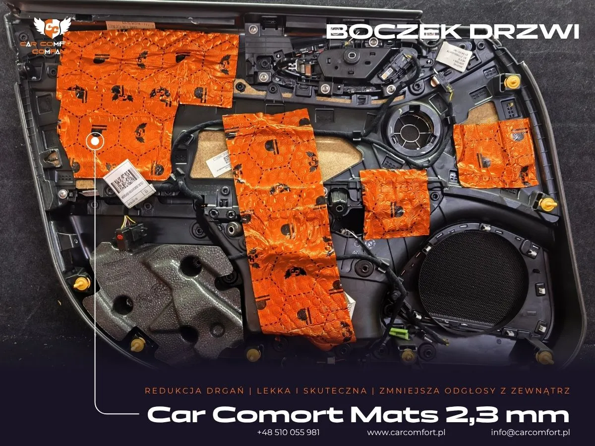 Wyciszanie boczka drzwiowego w Alfie Romeo Giulia – pierwsza warstwa z maty Car Comfort Mats 2,3 mm.