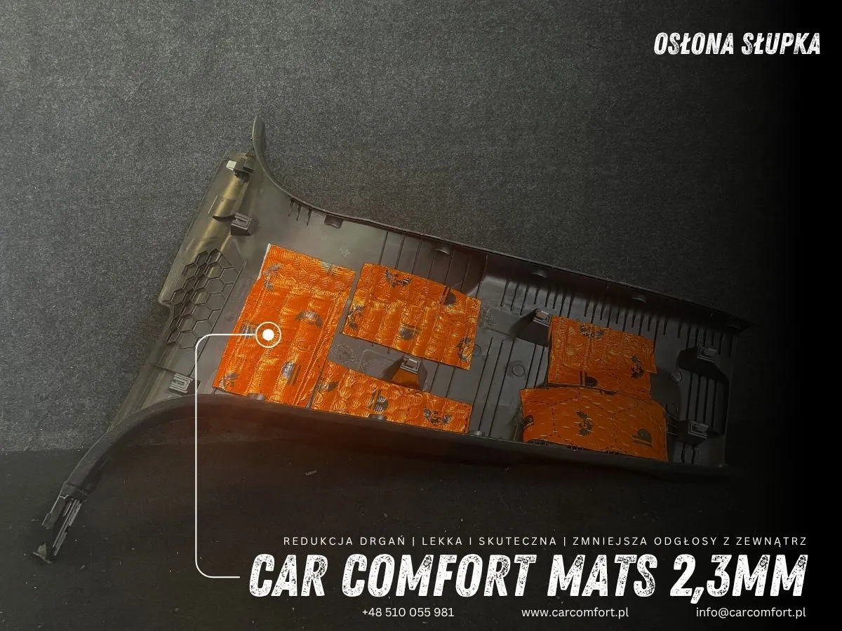 Pierwsza warstwa maty Car Comfort Mats na plastikowej osłonie słupka Porsche Macan GTS.