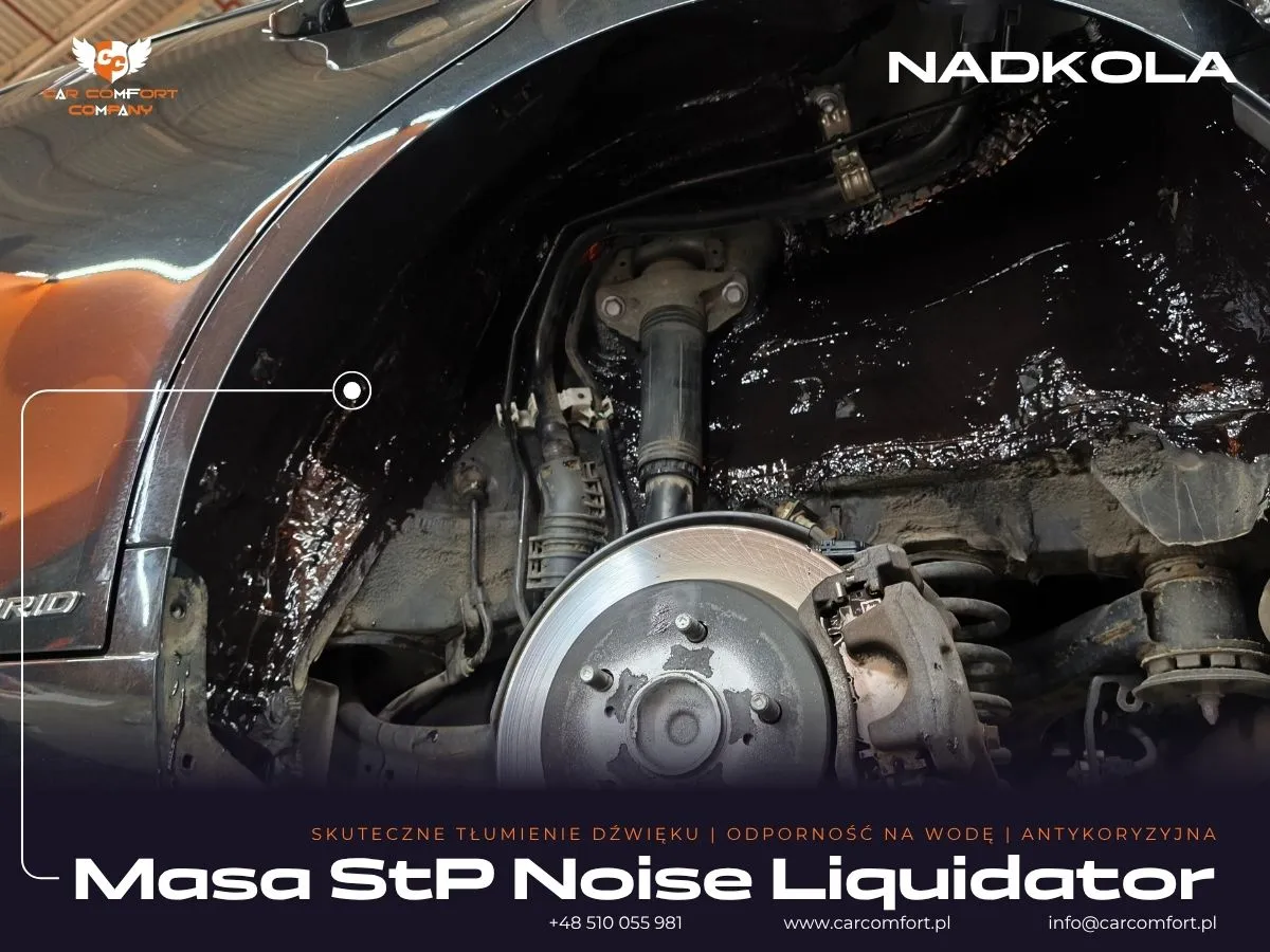 Druga warstwa wygłuszenia metalowego nadkola Lexusa ES300h – aplikacja masy StP Noise Liquidator.