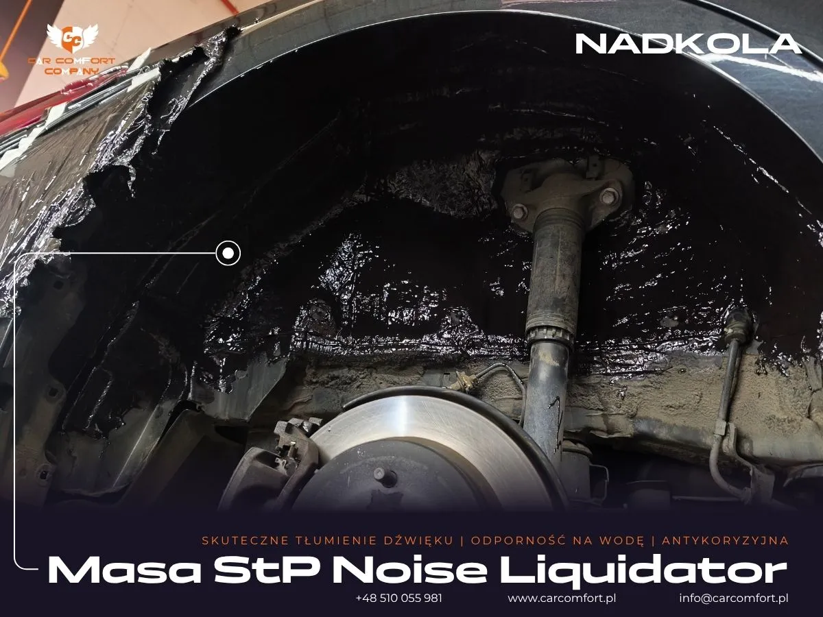 Druga warstwa wygłuszenia metalowego nadkola Lexusa ES300h – aplikacja masy StP Noise Liquidator.
