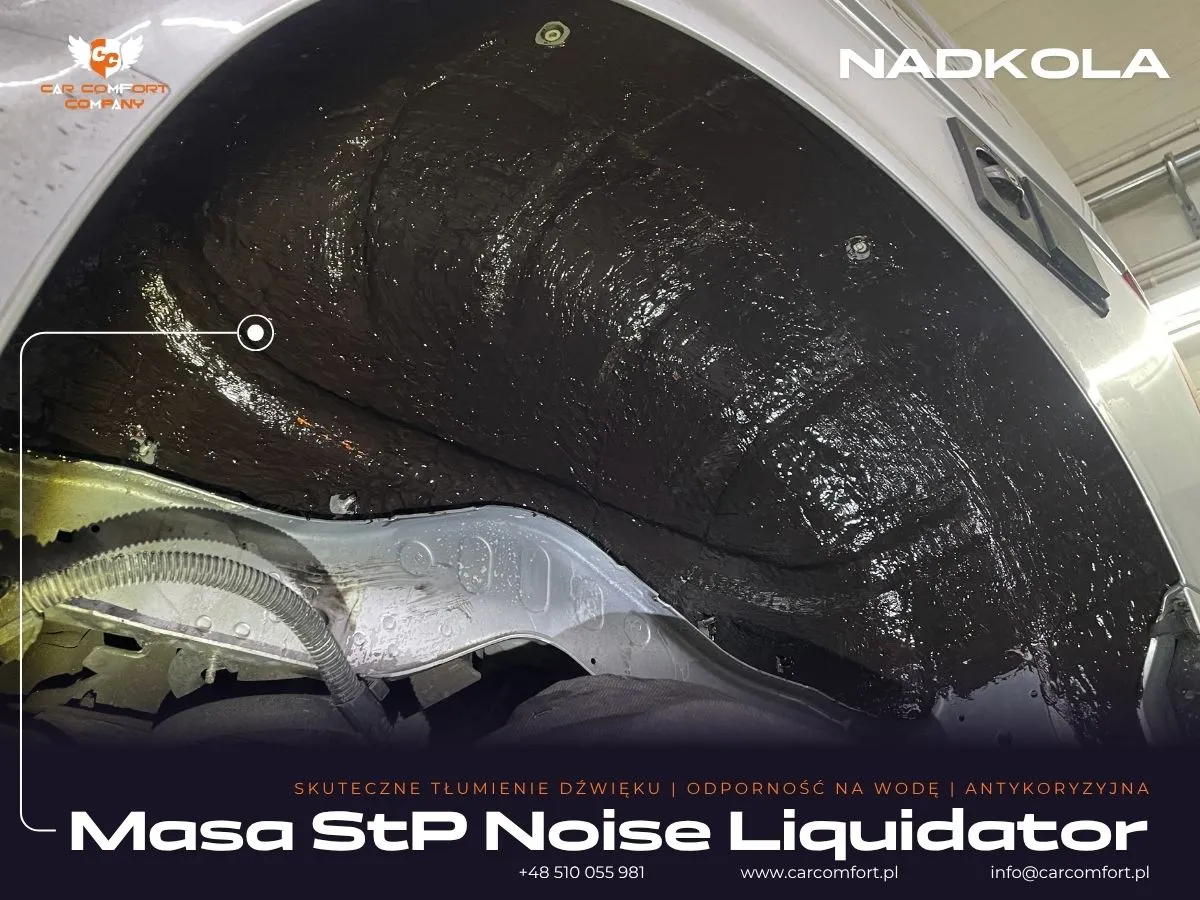 Druga warstwa wygłuszenia metalowego nadkola VW California – aplikacja masy StP Noise Liquidator.