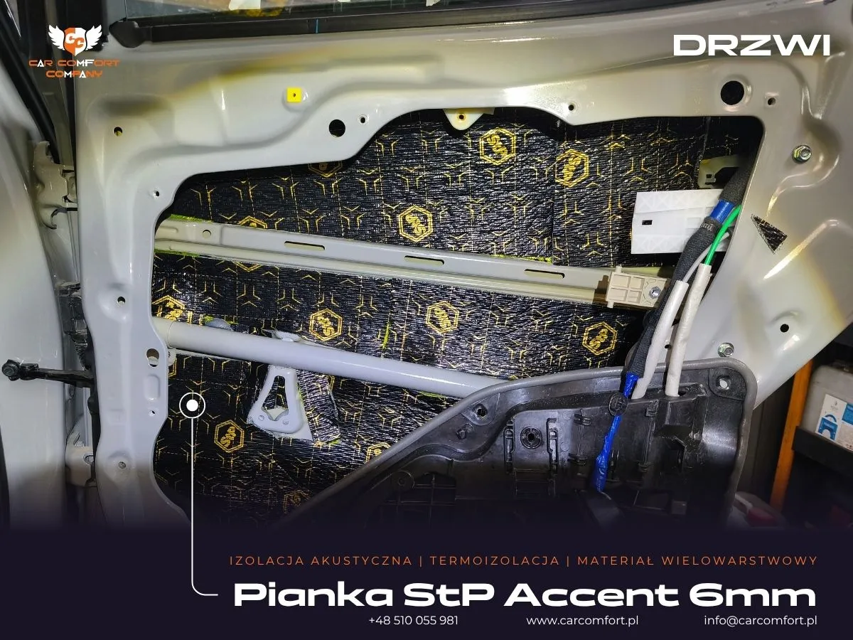 Druga warstwa wygłuszenia drzwi w Kia Stinger GT – aplikacja pianki StP Accent 6 mm.