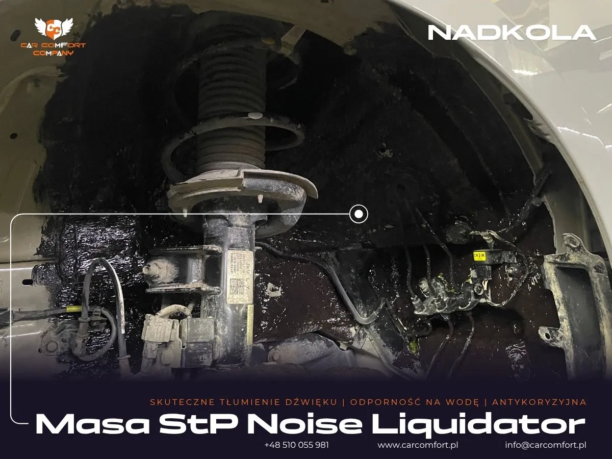 Druga warstwa masy StP Noise Liquidator na metalowym nadkolu Kii Stinger GT.