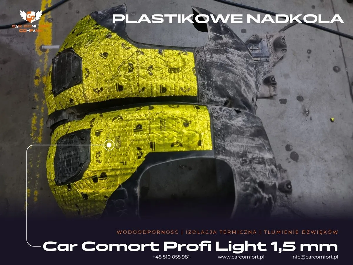 Wyciszanie plastikowej osłony nadkola w Kia Stinger GT – pierwsza warstwa maty Car Comfort Profi 1,5 mm.