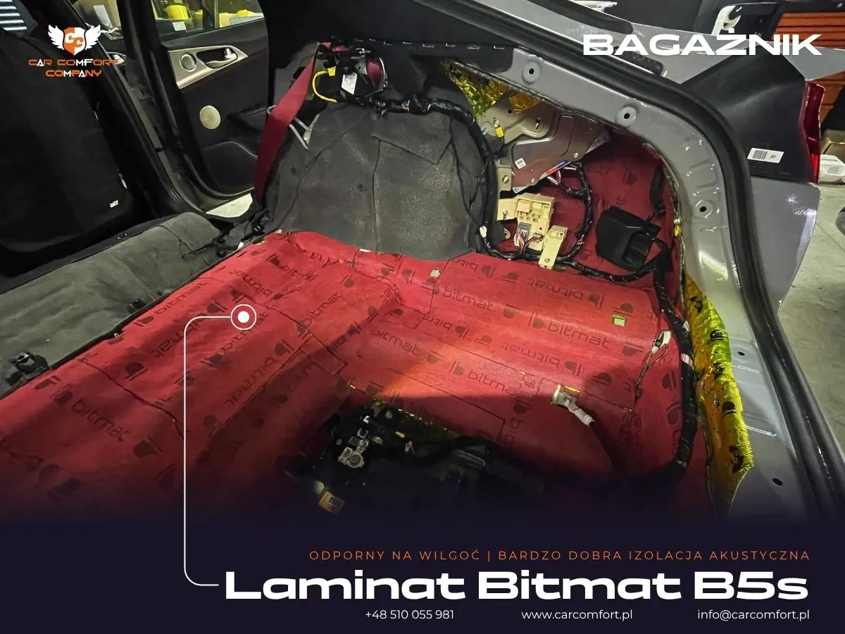Druga warstwa pianki Bitmat B5s w przestrzeni bagażnika Kii Stinger GT.
