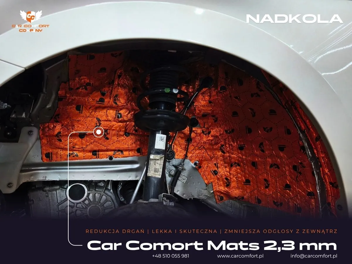 Pierwsza warstwa wyciszenia metalowego nadkola w Volkswagenie Touran matą Car Comfort Mats.