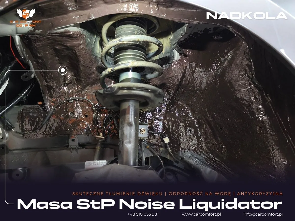 Druga warstwa wygłuszenia metalowego nadkola Mazdy 3 – aplikacja masy StP Noise Liquidator.