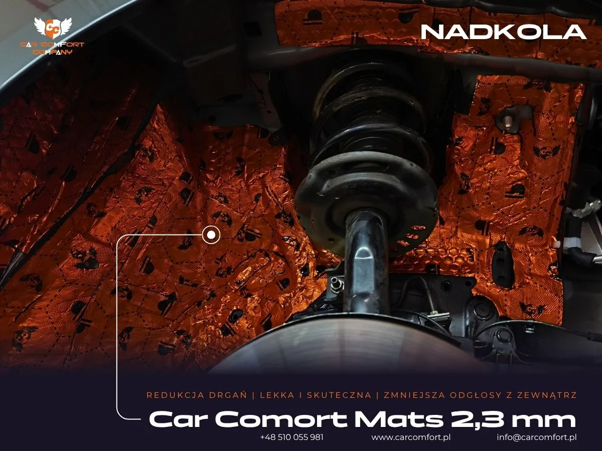 Pierwsza warstwa wyciszenia metalowego nadkola w Maździe 3 – aplikacja maty Car Comfort Mats.