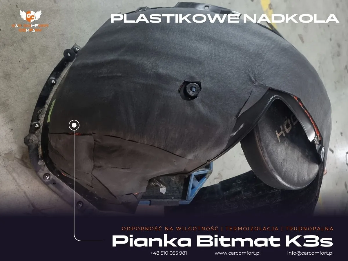 Druga warstwa pianki Bitmat K3s na plastikowej osłonie nadkola Kia X-Ceed.