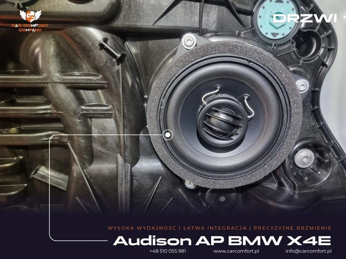 Głośniki Audison AP BMW X4e zamontowane w drzwiach BMW Serii 4.