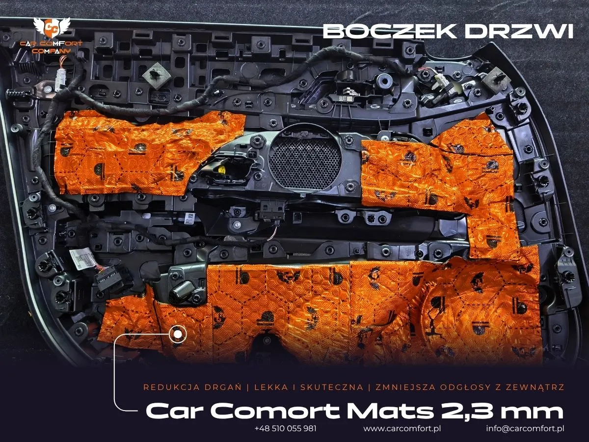 Aplikacja maty Car Comfort Mats 2,3 mm na zewnętrznej blasze drzwi BMW Serii 4.