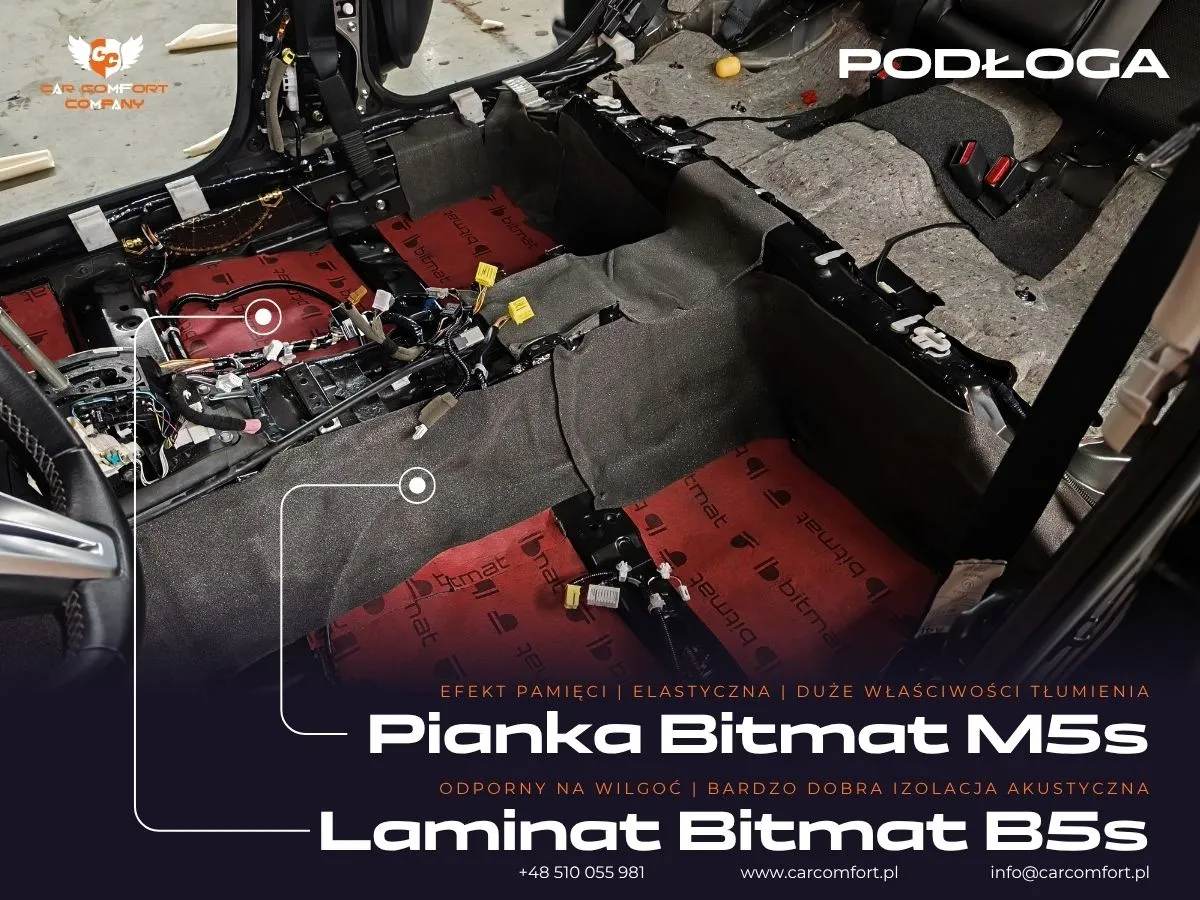 Pianka Bitmat B5s jako warstwa pochłaniająca dźwięk na podłodze Infiniti Q50.