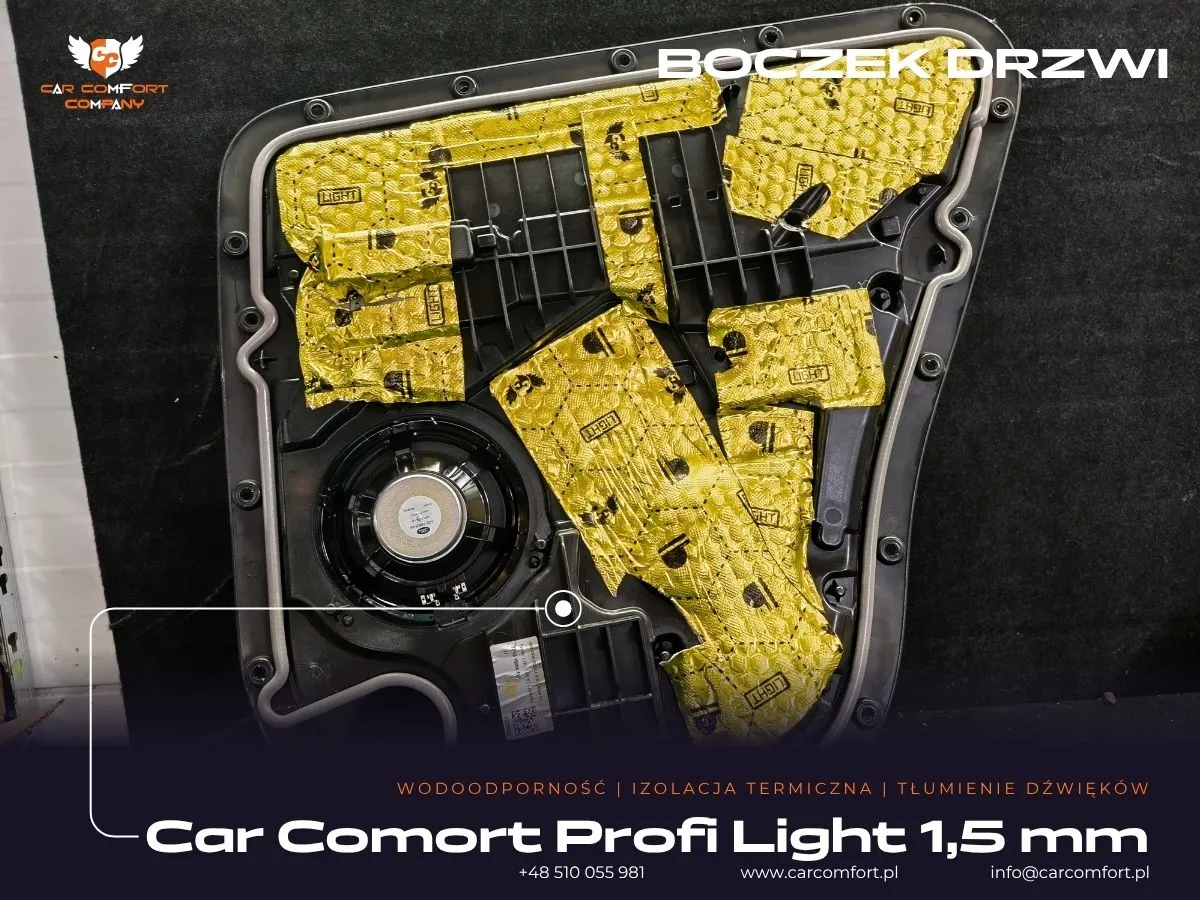 Aplikacja maty Car Comfort Profi na zewnętrznej blasze drzwi Land Rover Defender.