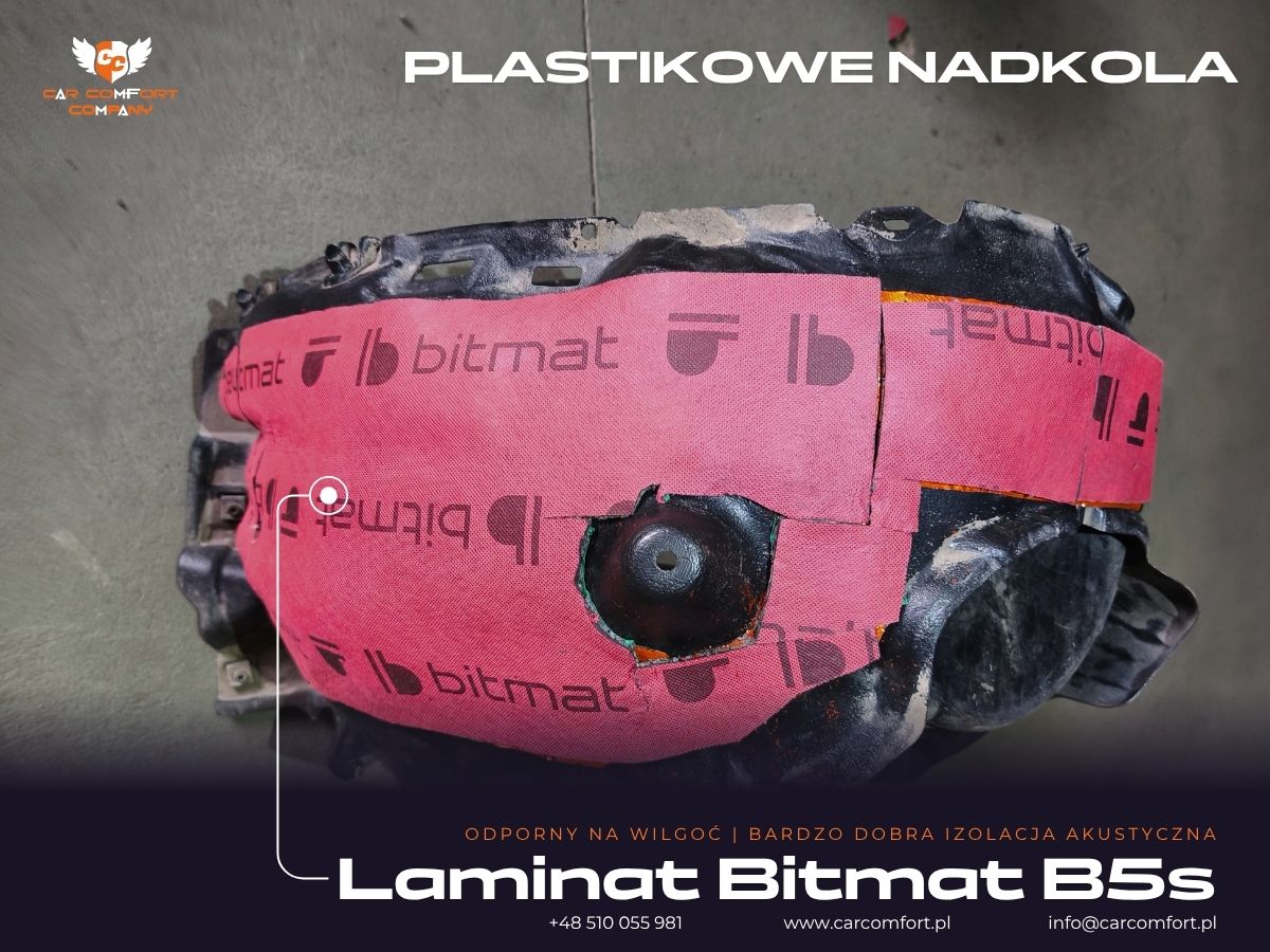 Pianka Bitmat B5s jako warstwa wygłuszająca na plastikowym nadkolu Toyota Camry.