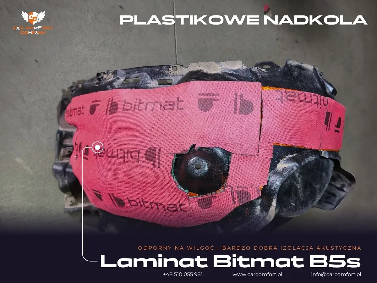 Pianka Bitmat B5s jako warstwa wygłuszająca na plastikowym nadkolu Toyota Camry.