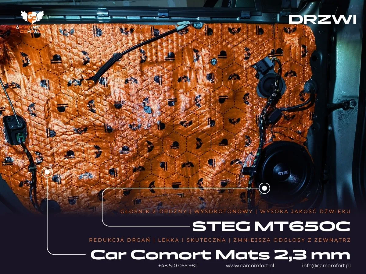Drzwi Opel Astra K wygłuszone matą Car Comfort Mats przed montażem głośników.