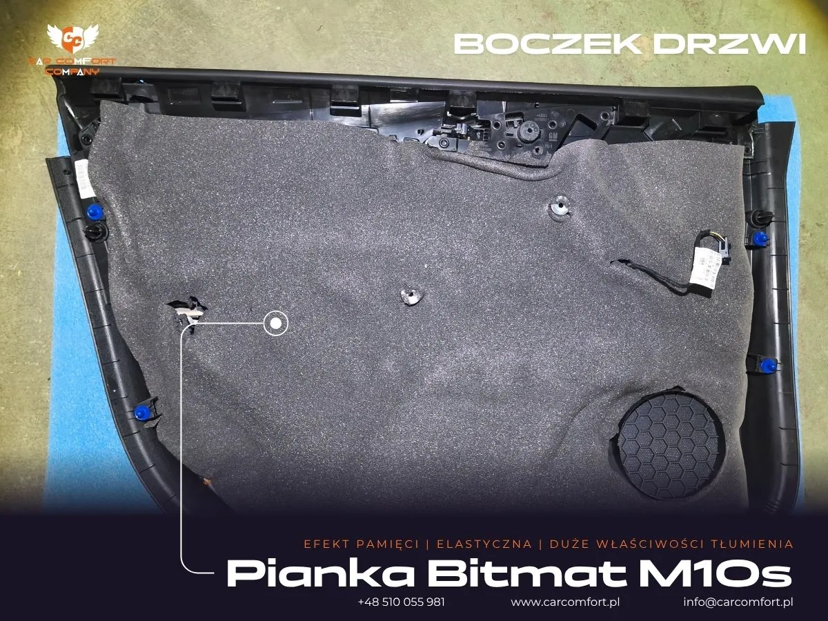 Pianka Bitmat M10s na boczkach drzwi Opel Astra K po wyciszeniu.