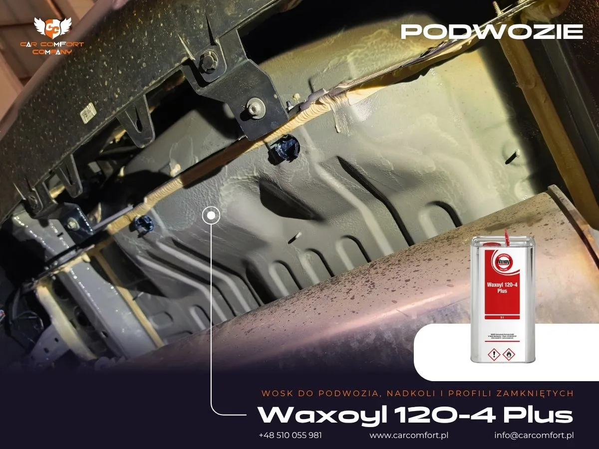 Szczegóły natryskiwania Waxoyl na trudno dostępne miejsca podwozia Renault Arkana.