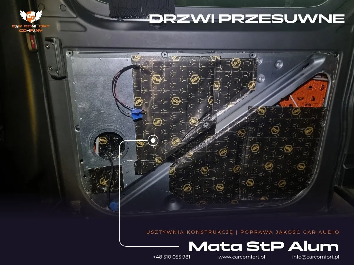 Aplikacja maty StP Alum na drzwiach przesuwnych Mercedes Sprinter.