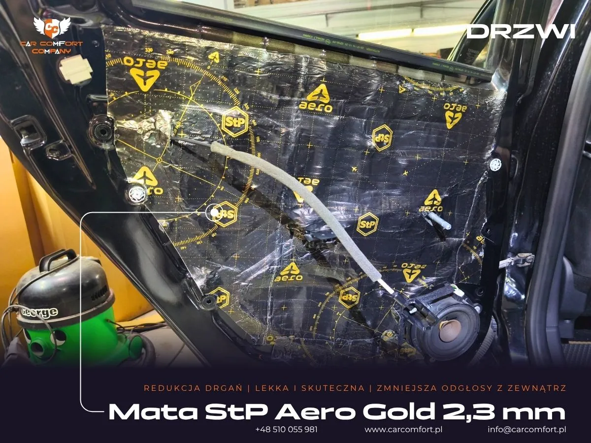 Aplikacja maty StP Aero Gold 2,3mm na zewnętrznej blasze drzwi Renault Clio 4.