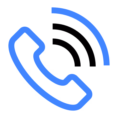 Blue telephone handset icon with a curved signal line indicating a call.